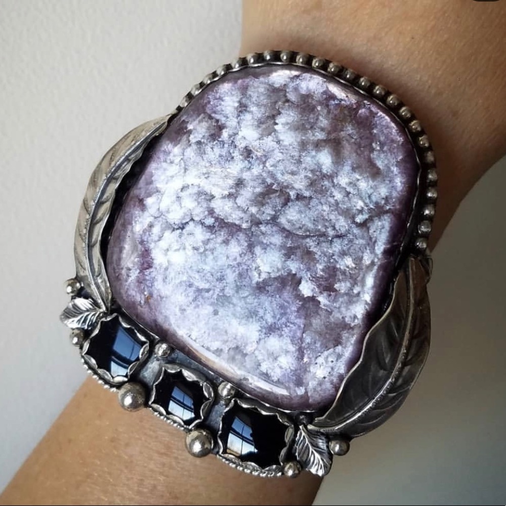 Gorgeous pink lepidolite and onyx silver bracelet